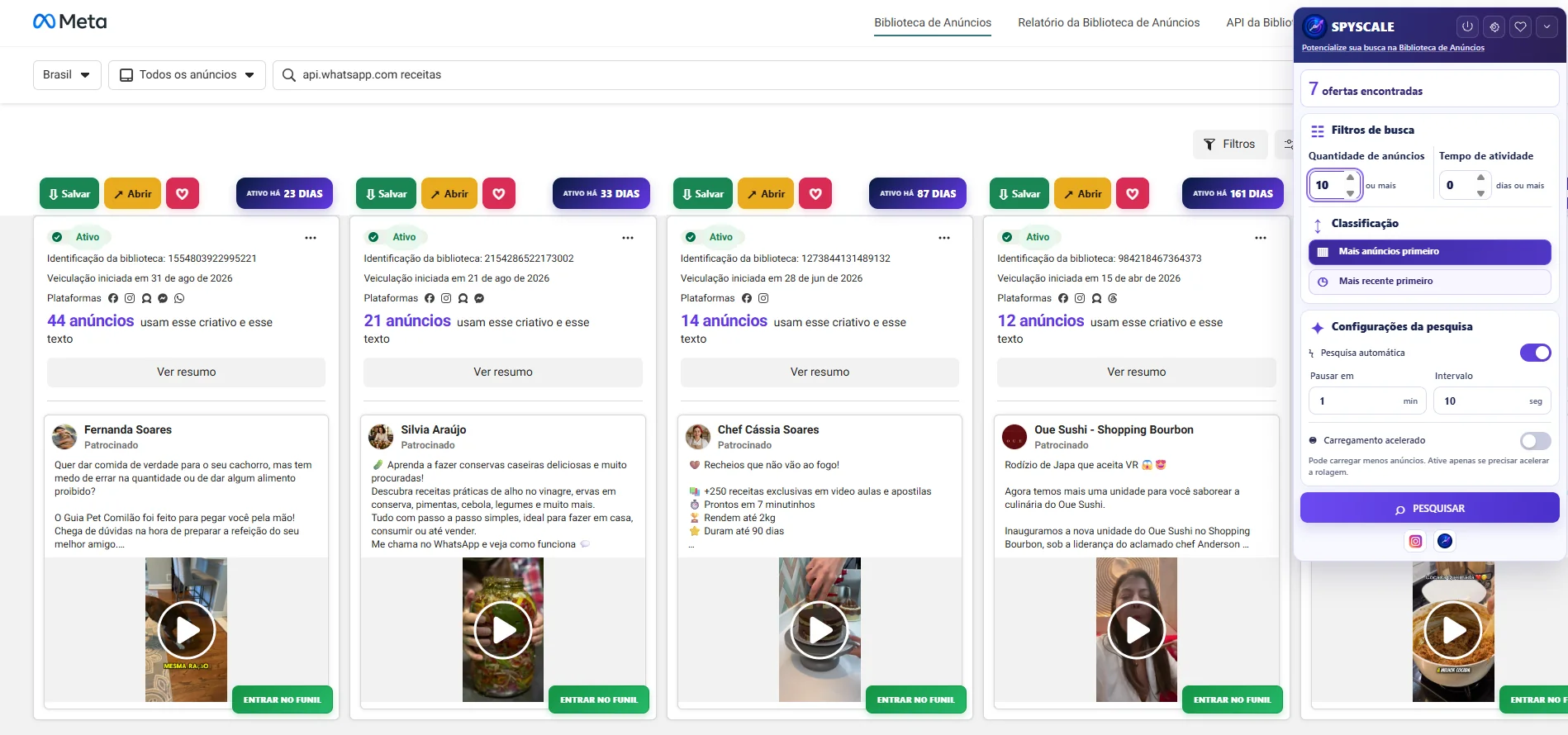 Resultados de anúncios com ações e filtros da SpyScale