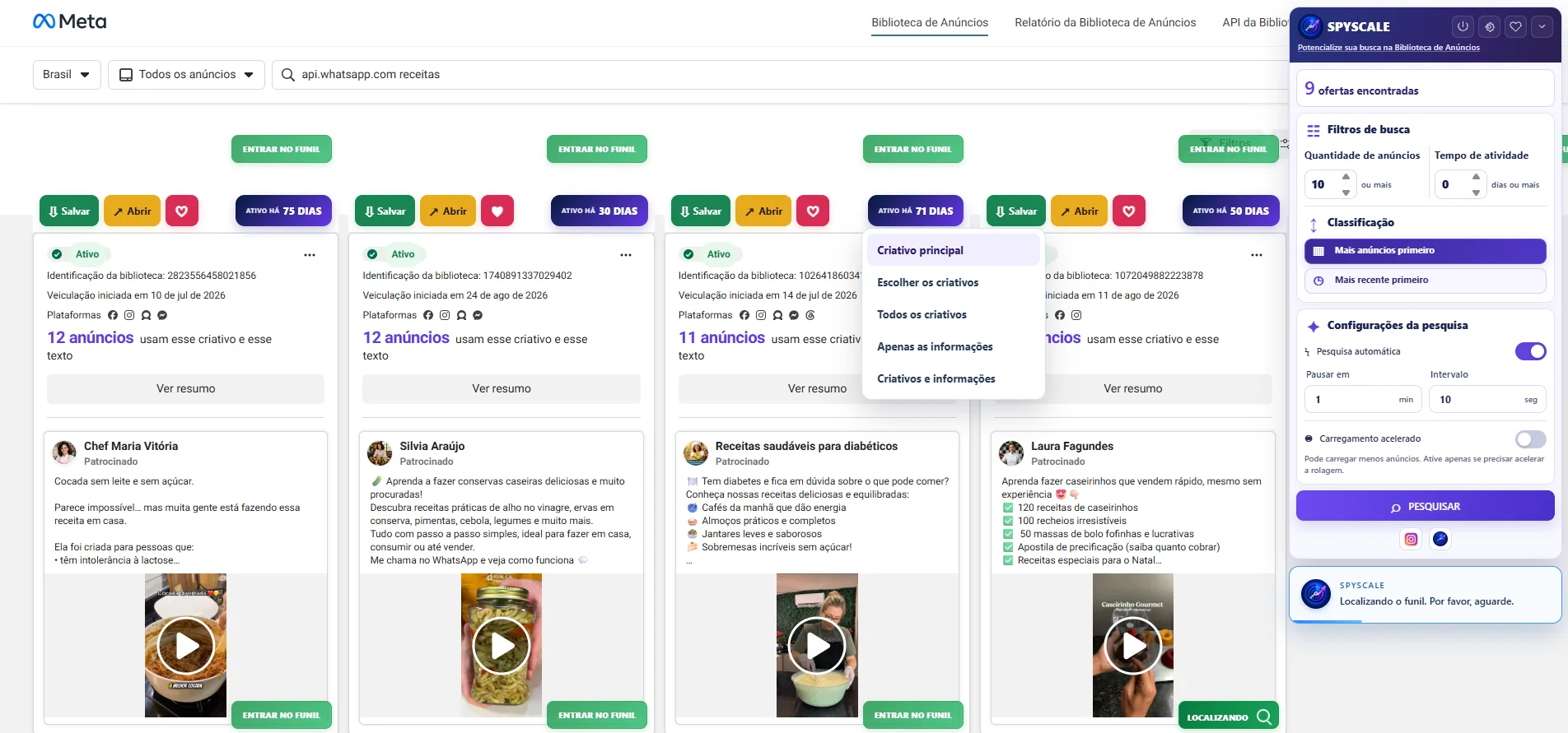Captura da extensão SpyScale com filtros e resultados na Biblioteca de Anúncios da Meta
